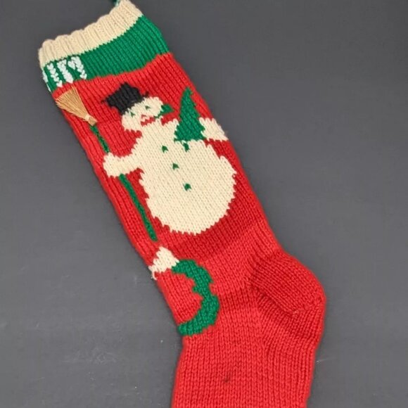 Vintage Christmas Knit Stocking Farmhouse Snowman Primitive KEVIN Handmade - Picture 1 of 6